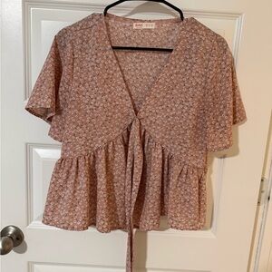 ROMWE Dusty Rose Floral Tie-Front Peplum Blouse